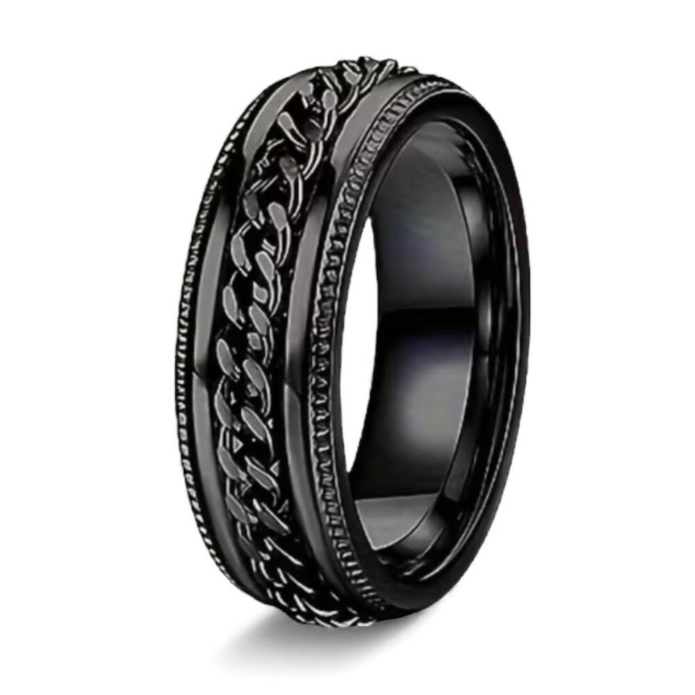 NEW - Stainless Steel Rotating Chain Link Unisex Spinner Ring - SZ 7- BLACK/BLK
